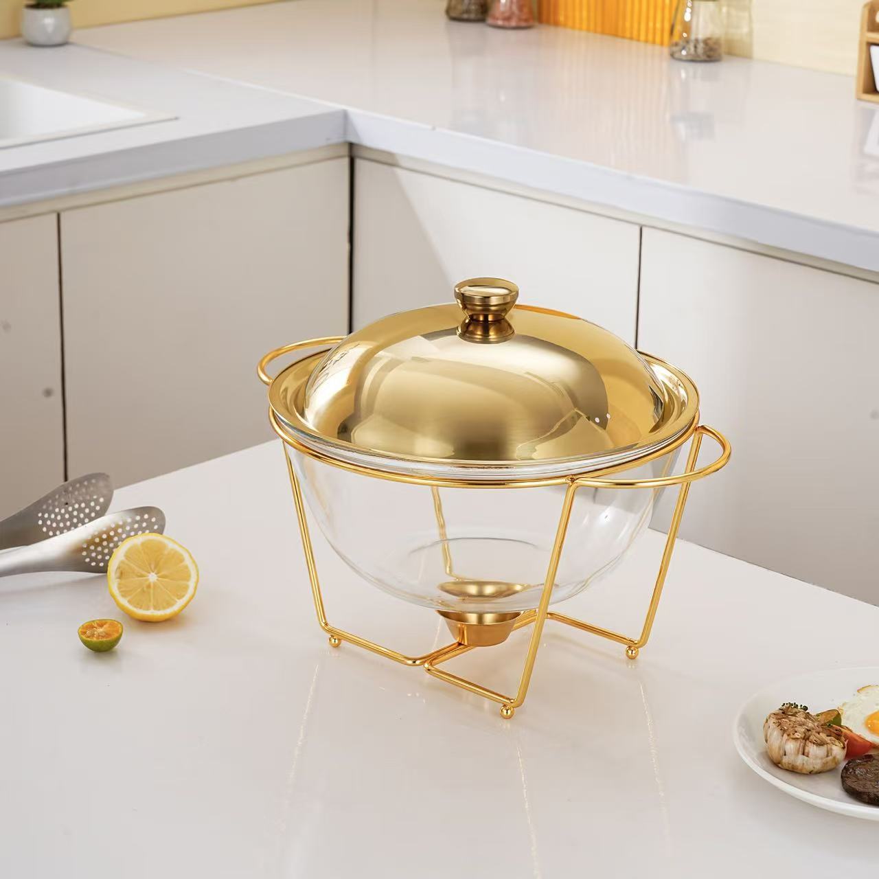 Top Quality Transparent Glass Mirror With High Grade Gold  Plated  Shelf  Base Stand and Top Lid Chafing Dish Food Warmer