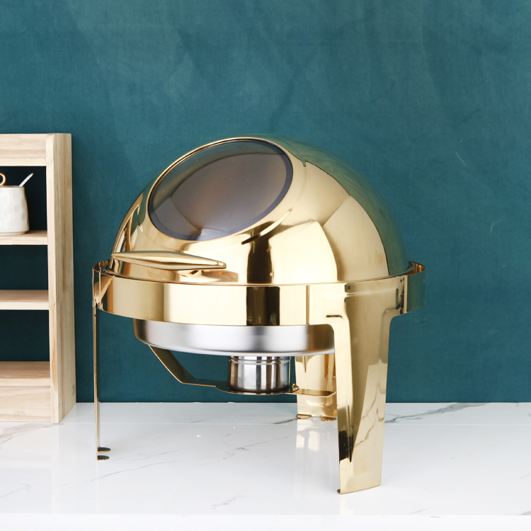 Hotel Equipment Self Service Hot Pot Chafer Dish Buffet Set Golden Round Top Chafing Dish Buffet Service Food Warmer