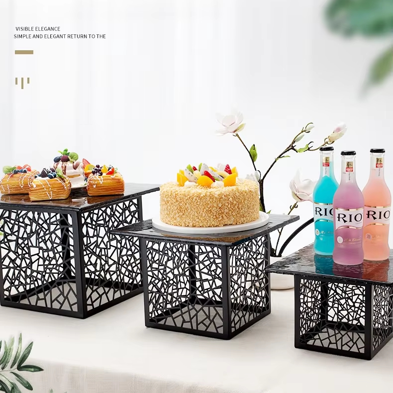 Wholesale Banquet Wedding Catering Food Display Risers Square Silver Buffet Decorations Tabletop Cake Dessert Rack Stand